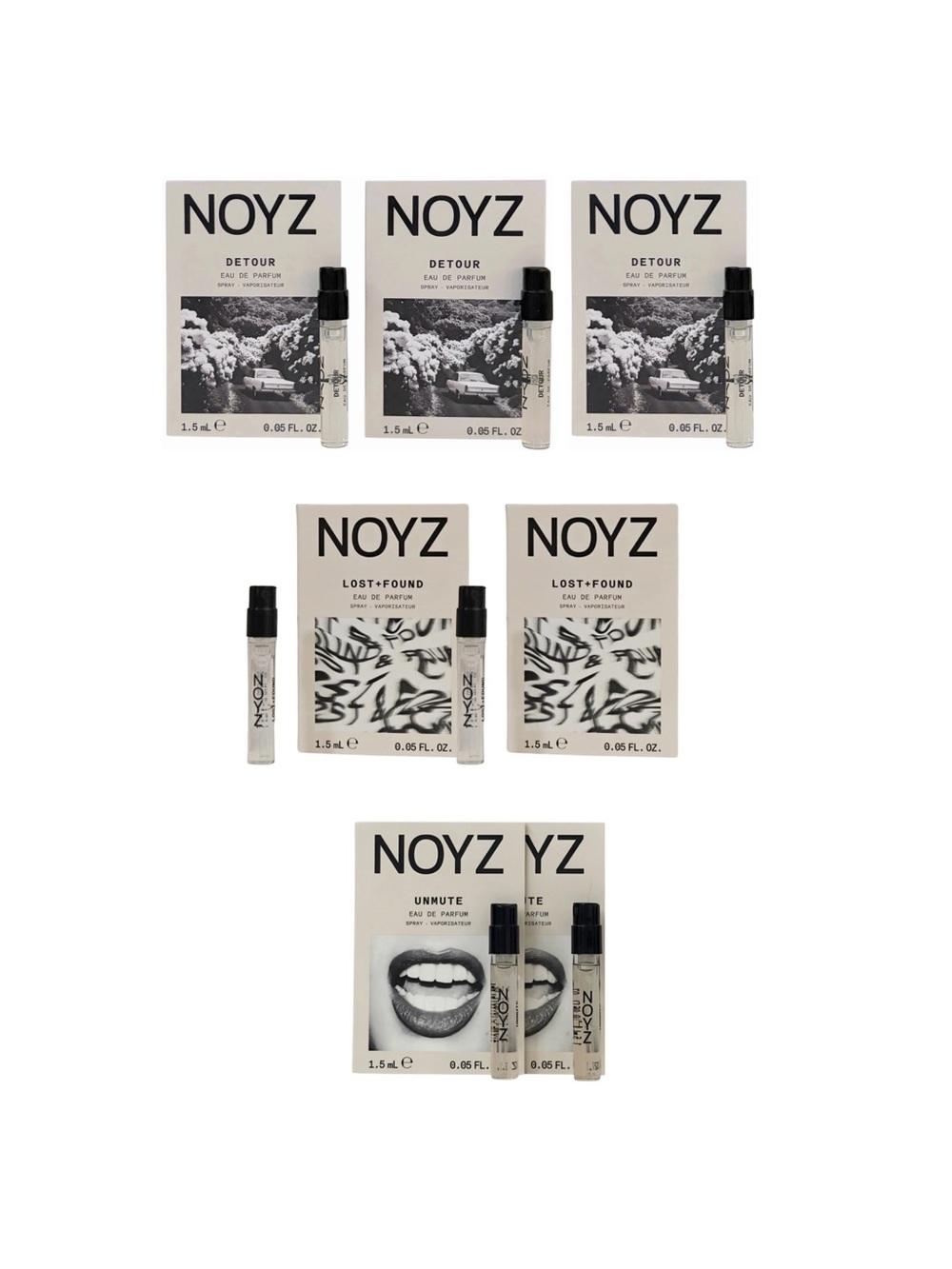 NOYZ Detour, Lost + Found and Unmute 7 Piece Sample Bundle - .05 oz ea. NEW
